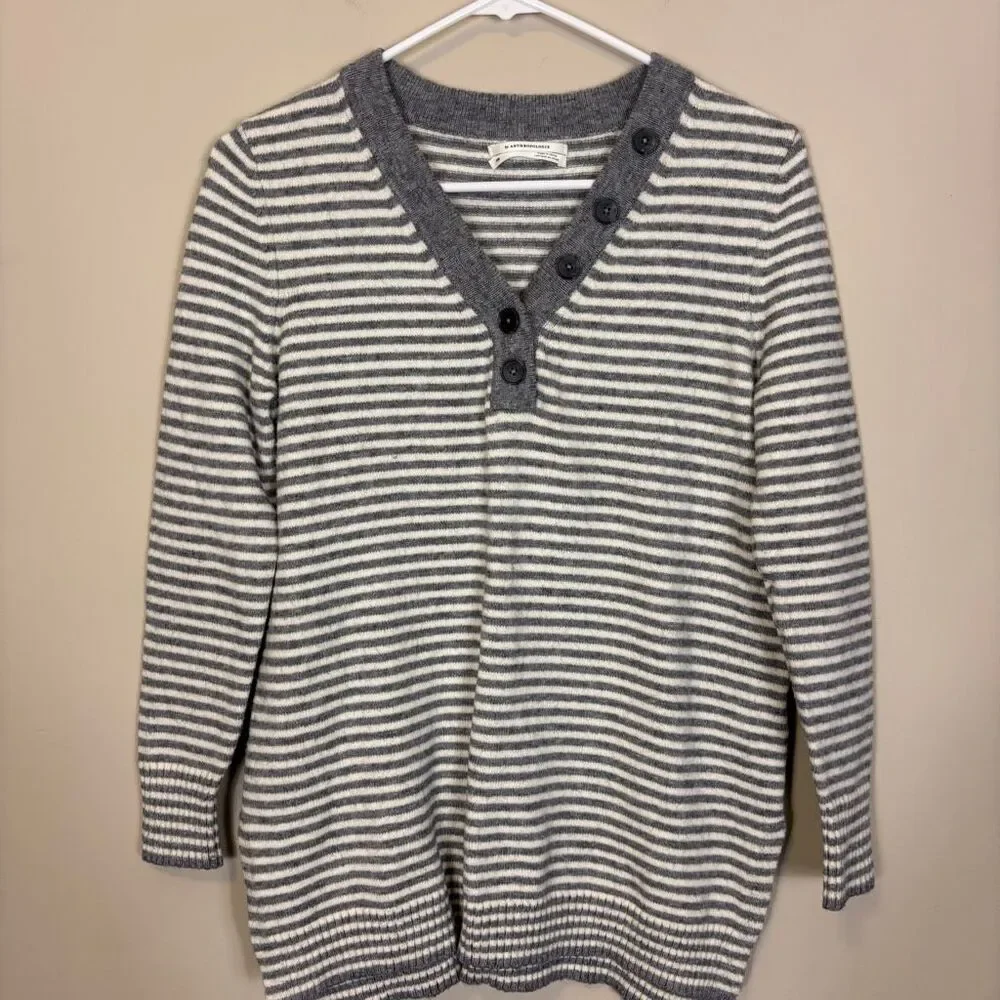 Anthropologie Grey and White Striped Button Henley Pullover‎ Sweater XS